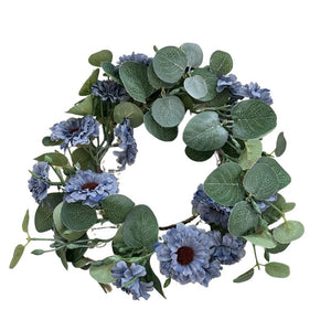 Blue Flowers & Eucalyptus Candle Ring 10"